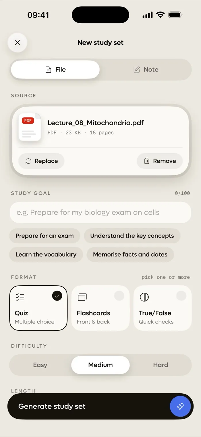 A lecture PDF attached in Quibly, with study goal, format and difficulty options