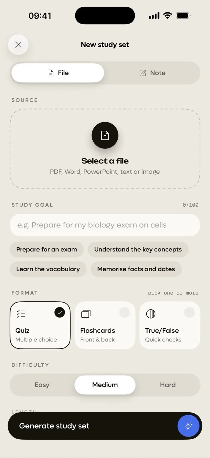 The Quibly new study set screen, with file and note options