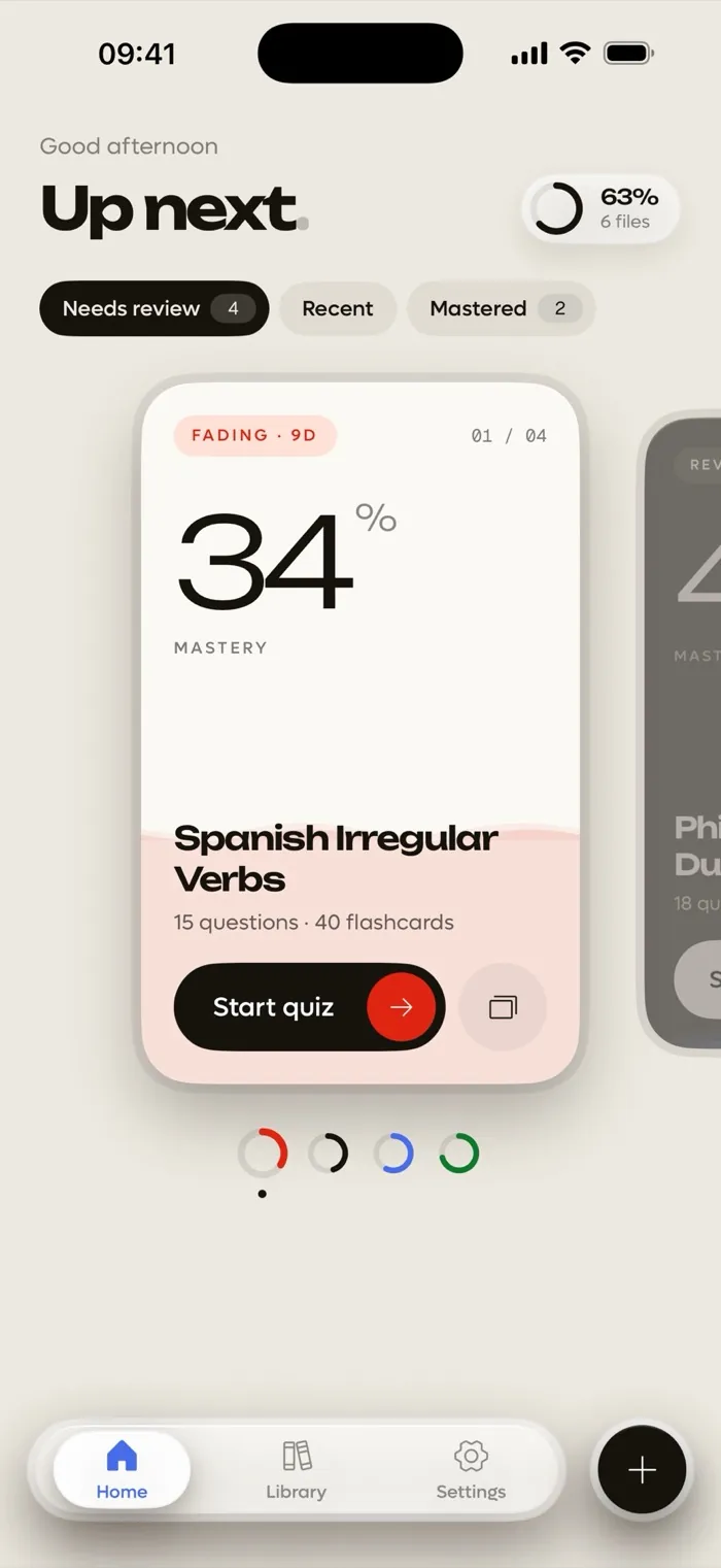 The Quibly home screen with a lesson at 34 percent mastery that needs review